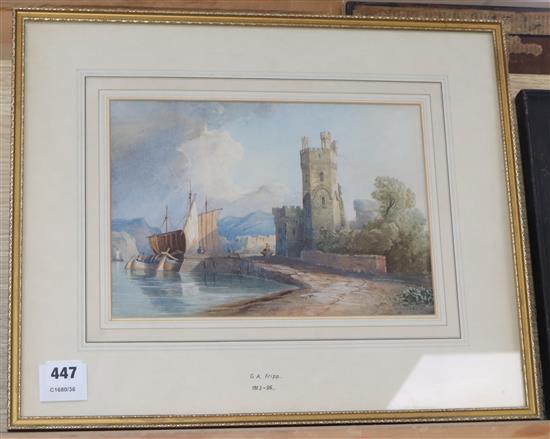 Attributed to George Arthur Fripp, watercolour, Continental lake scene, 20 x 29cm
